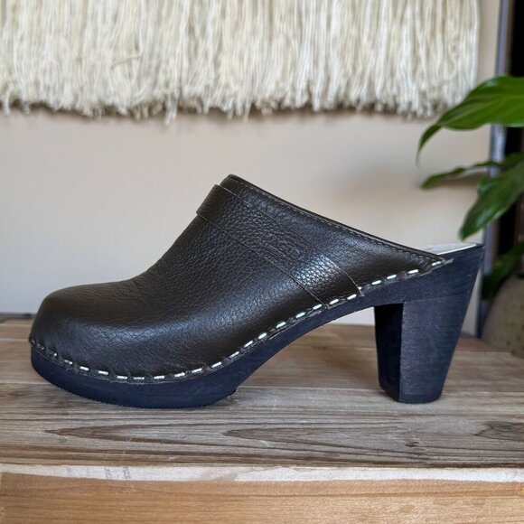 Maguba Stockholm Olive Green Genuine Leather Dark Wood Heeled Mule Clog Size 6 - Picture 6 of 15